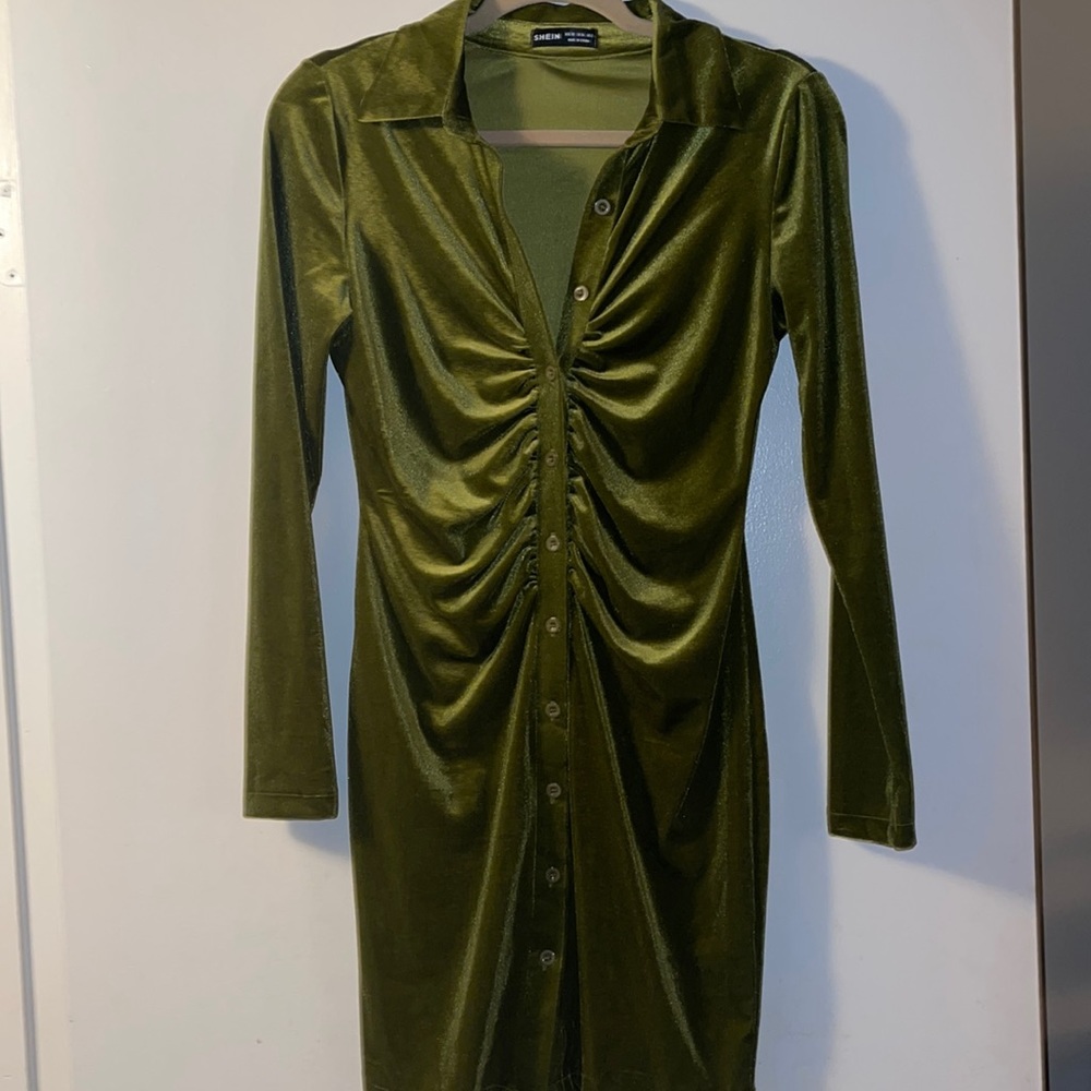 Shein Green Velour button down dress women XS